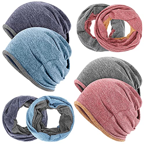 4 Pieces Winter Slouchy Beanie Hat Multifunction Running Beanie Ponytail Beanies Stretch Beanie Hat Unisex Reversible Scarf Beanie Cap Skull Cap Baggy Beanie Winter Hats for Men Women