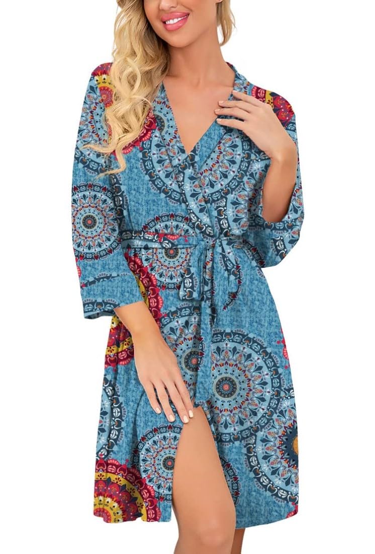 PrinStory Accappatoio da donna lungo/corto, lavorato a maglia, morbido, vestaglia casual da donna