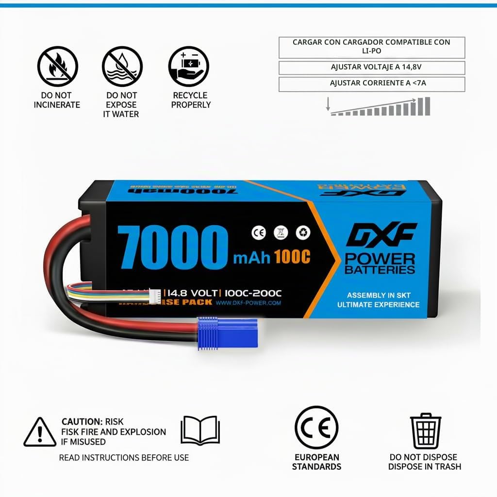 DXF 4S Batería Lipo 14.8V 100C 7000mAh Batería rígida con Enchufe EC5 para vehículos RC 1/8 y 1/10 Coche RC Buggy Truggy RC Avión UAV Drone FPV（1PCS）