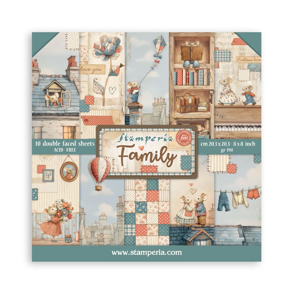 Stamperia - Scrapbook Paper Pad for Scrapbooks, Albums, Cards, Bullet Journals and More, Acid Free, Double-Sided, Perfect for Hobbies, Crafts, and Gifting (Family) (20.3 x 20.3cm)