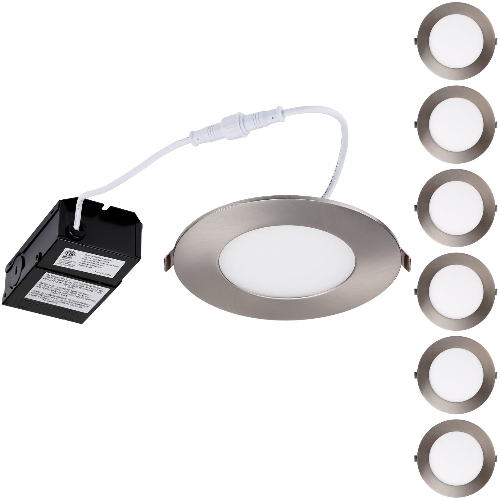 TORCHSTAR 6 Inch LED Recessed Lighting with J-Box E-Lite Series, Slim Panel Downlight Dimmable, 13.5W CRI90+, Satin Nickel, 3000K Warm White, ETL & Energy Star Listed, Pack of 6