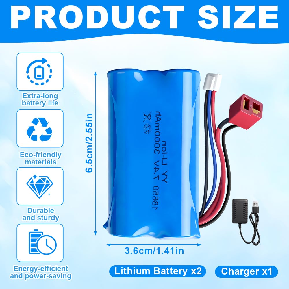2 batterie ricaricabili agli ioni di litio 18650 da 7,4 V, 3000 mAh, con spina Deans T e caricatore USB, batteria agli ioni di litio 18650 per auto RC, barche, carri armati, robot