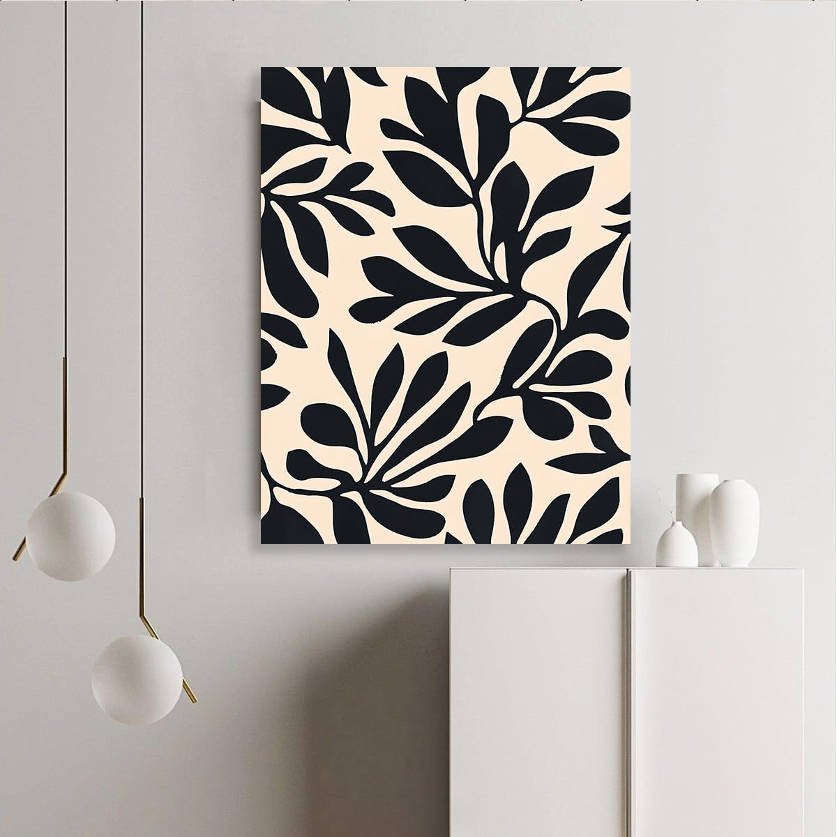 CHERHERART Minimalistyczna roślina ścienna na płótnie abstrakcyjny obraz botaniczny drukowany czarny beżowy wzór plakat na płótnie do salonu sypialni biura 70 x 90 cm struktura wewnętrzna