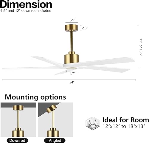 Miniatura 3 de WINGBO Ventilador de techo CC de 54 pulgadas sin luces, 5 cuchillas reversibles de madera maciza tallada, motor de CC silencioso de 6 velocidades,