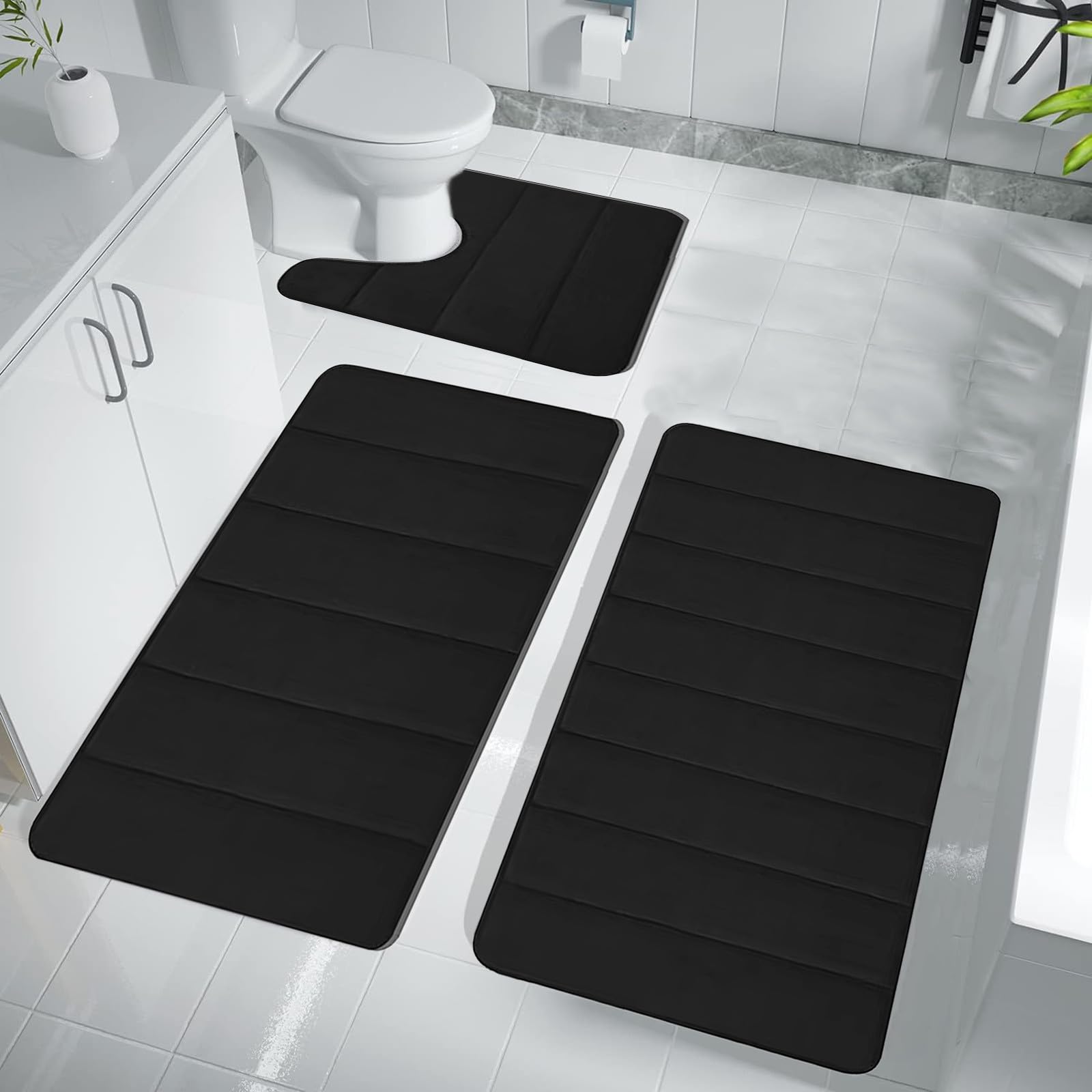 3 Pcs Toilet Mats Bathroom Rug Mat - Extra Thick and Comfortable Water Absorption Bath Rugs,Non-Slip Soft Memory Foam Bath Carpet,Machine Wash,Easier to Dry Dark