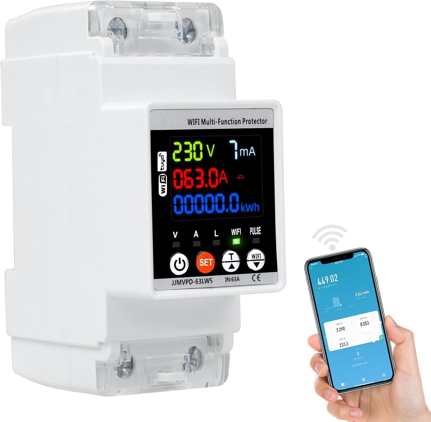 DEWIN Medidor de Electricidad WiFi, 63A 230VAC Contador Electrico Protección Automática contra Sobretensiones Protector Sobretensiones Proteccion Sobretension (Voltaje Amperaje Ajustable)