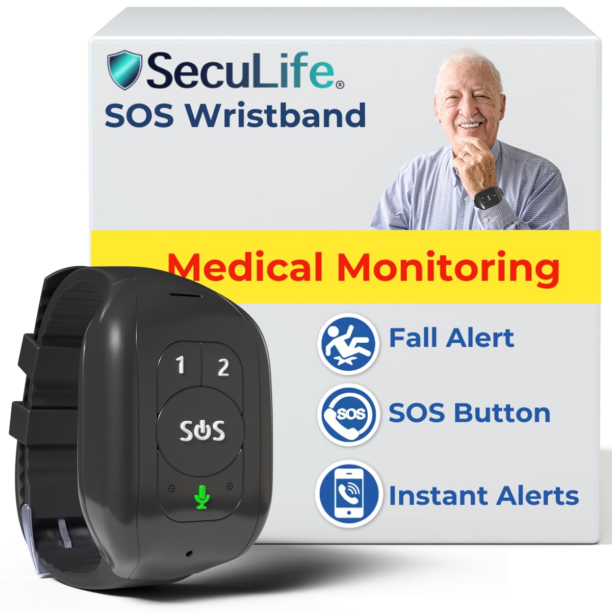 Seculife SOS Wristband – Elderly Life Saving Fall Alert System, Emergency Call Button, Assistive Speakerphone, GPS Tracking, Seniors Dementia, Alzheimer’s, 24/7 Medical Monitoring (Black)