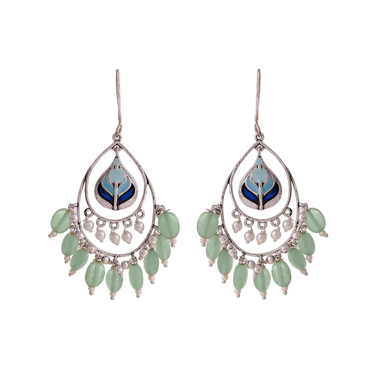 Silver Brass Bagh E Fiza Green Beads Oxidised toned Pastel Colourful Enamelled Embellished Leaf Design Dangle & Drop Earrings for Women and Girls-image-4