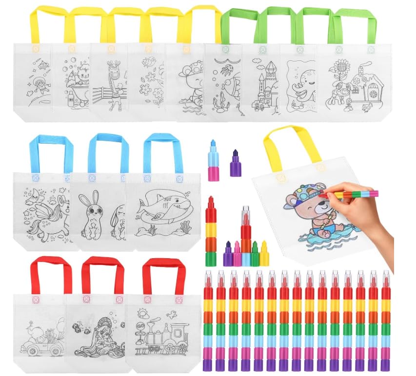 18 Pcs Bolsas para Colorear, Bolsas de Tela para Pintar, Bolsa de Graffiti para Infantiles con 15 Pcs Ceras de Colores para Niños Apilables (7 Colores en 1) para Manualidades Fiesta de Cumpleaños