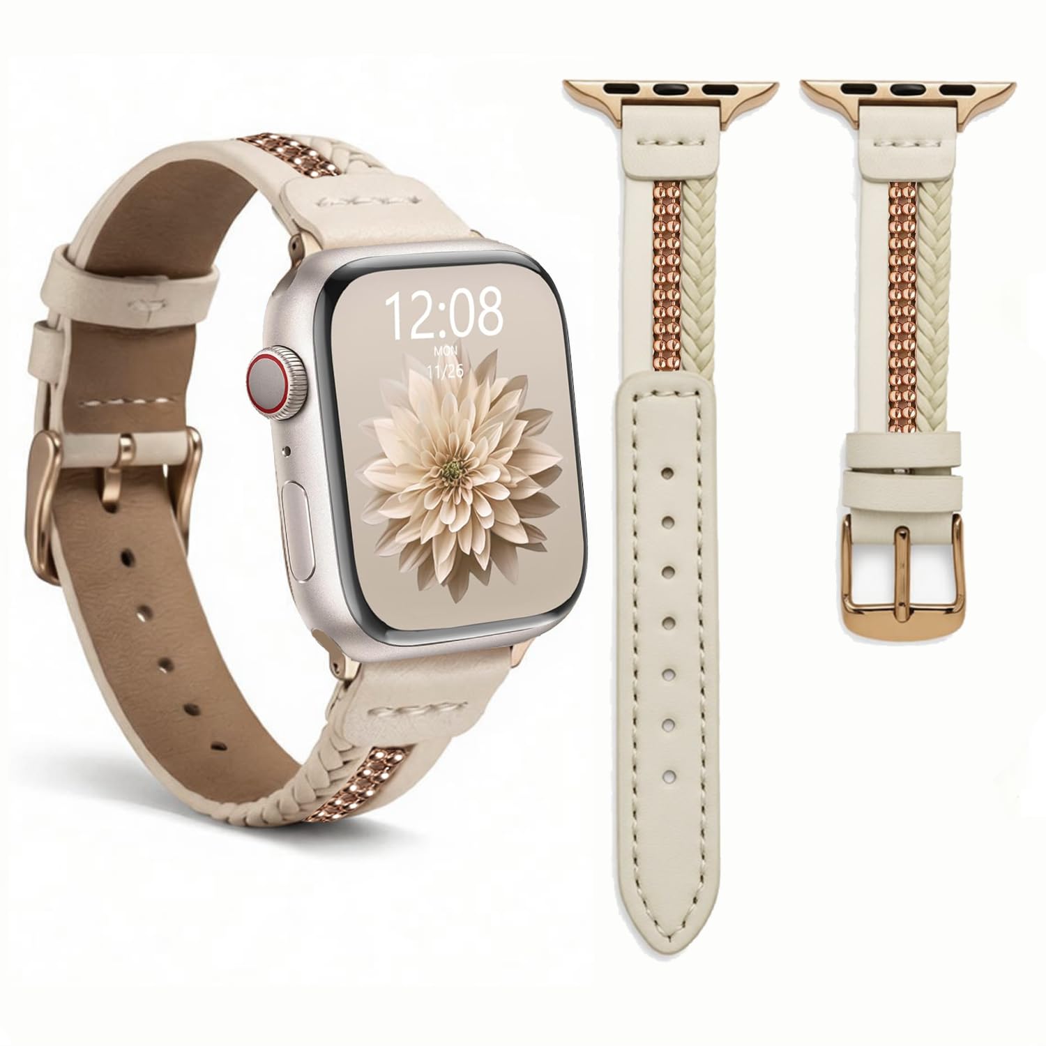 Photo 1 of MORWLAT Slim Leather Band Compatible with Apple Watch Bands 38/40/41/42/44/45/46/49mm Women, Dressy Premium Leather Strap with Stainless Steel Metal Beads Chain for iWatch Series 11 10 9 8 7 6 5 4 SE/Ultra 3 2 1
