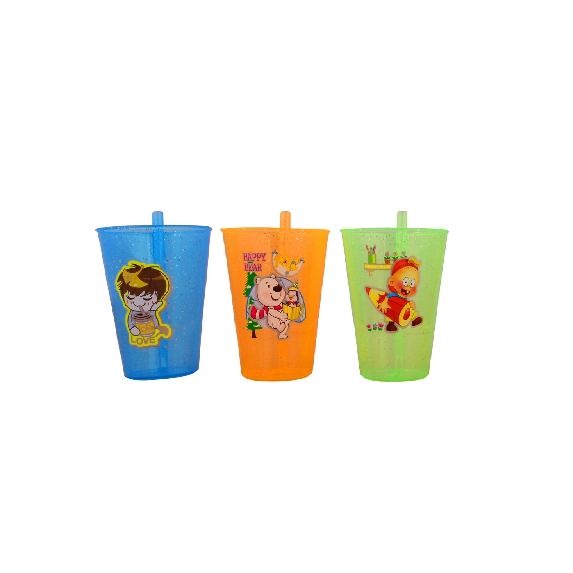 PUTHAK 3 PCS Cartoon Printed Straw Cup, Baby Straw Glass with Attached Straws, 250ml Special Supplies Juice Bottle for Infant Feeding, Drinking Needs (Multicolor)-image-1
