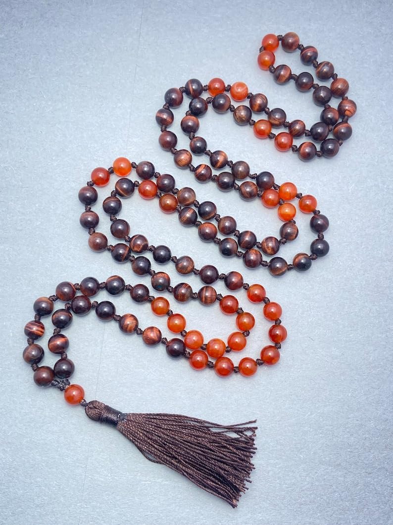 Naturalne czerwone tygrysie oko i czerwony onyks 8 mm 108 koralików mala, duchowe, koraliki medytacyjne, Reiki, Japa Mala, buddyjskie koraliki modlitewne, bransoletka do jogi, koraliki lecznicze