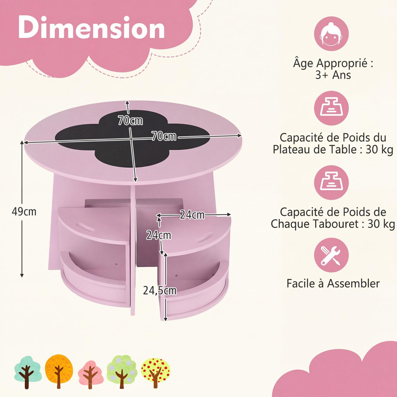 COSTWAY Table Enfant avec 4 Chaises Empilables, Table et Chaises Montessori en Forme Fleur, Espace de Rangment Intégré, Bureau Ronde pour Salle de Jeux Chambre d'enfant, Charge 30kg pour 3 Ans+ (Rose)