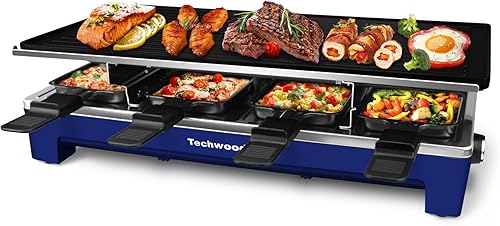 Techwood - Raclette eléctrica de 1500W para interiores, parrilla para barbacoa coreana de 8 raciones con placa reversible 2 en 1, ideal para fiestas
