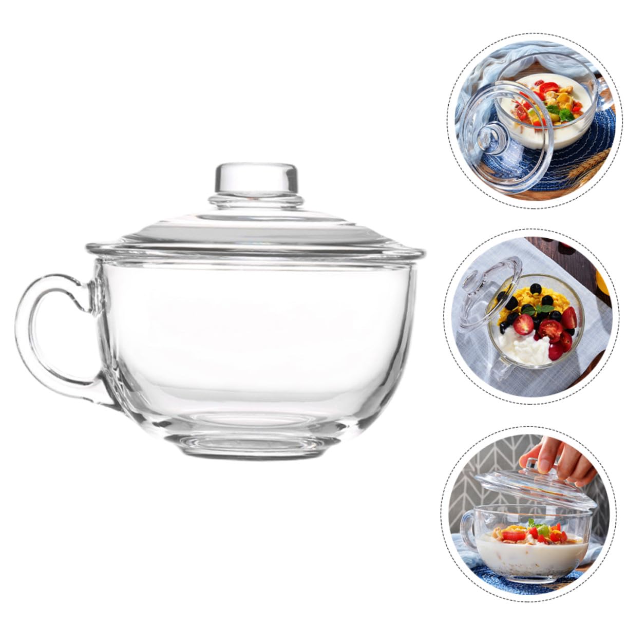NOLITOY Bol de Vidrio con Tapa y Asa Cuenco Transparente para Desayuno Ensalada y Postres Recipiente Doméstico Resistente y Fácil de Limpiar para Uso Diario