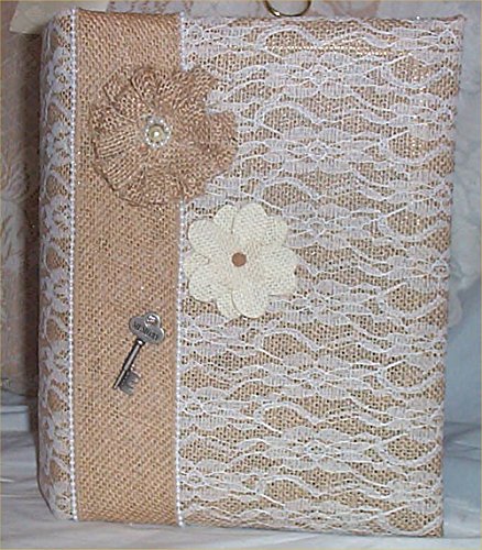 Wedding Burlap Photo Album #18 silver key Ranch Handmade Flowers lg holds 400
