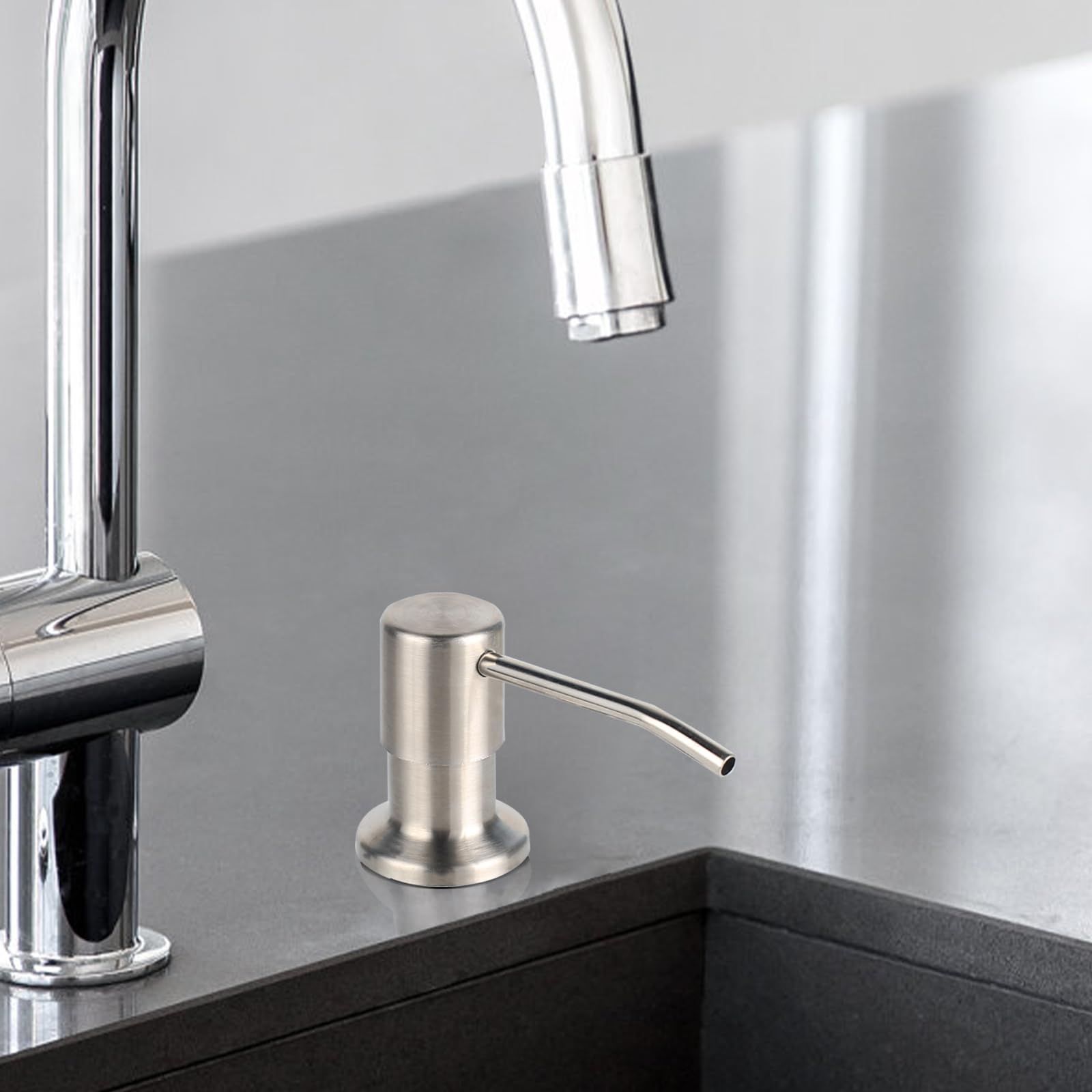 Built in Soap Dispenser for Kitchen Sink, Brushed Nickel Stainless Steel Countertop Pump Head (Plastic Built-in), Dish Soap Hand Lotion Dispenser with Refillable 17OZ Bottle