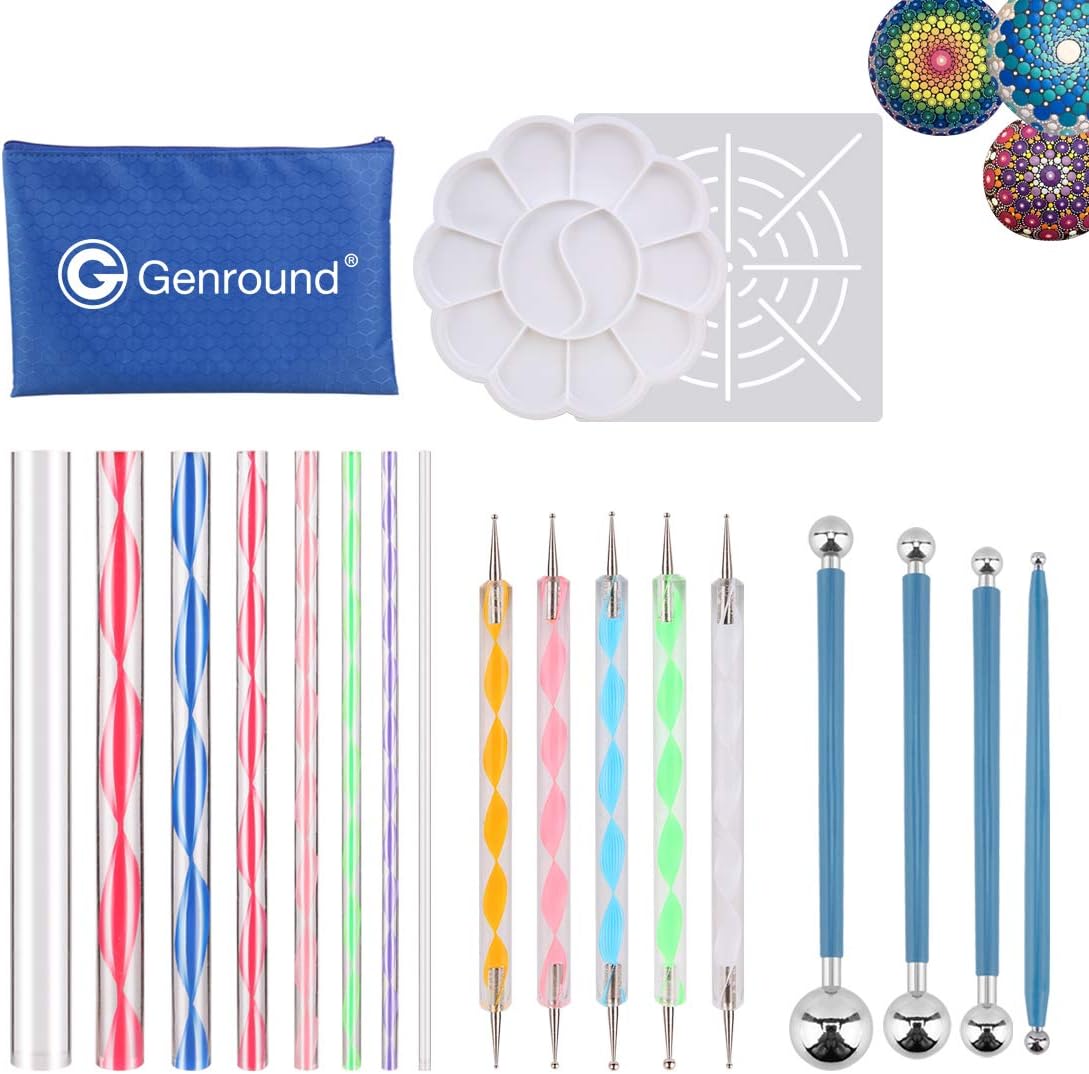 Genround Mandala Rock Dotting Tools, 20pcs Rocks Painting Stencil with 8 Acrylic Rods, 5 Double-Sided Dot Pens, 4 Ball Stylus Tool, 1 Drawing Stencils, 1 Paint Pallet, Boy Girl Gifs Kids Toy Art Craft
