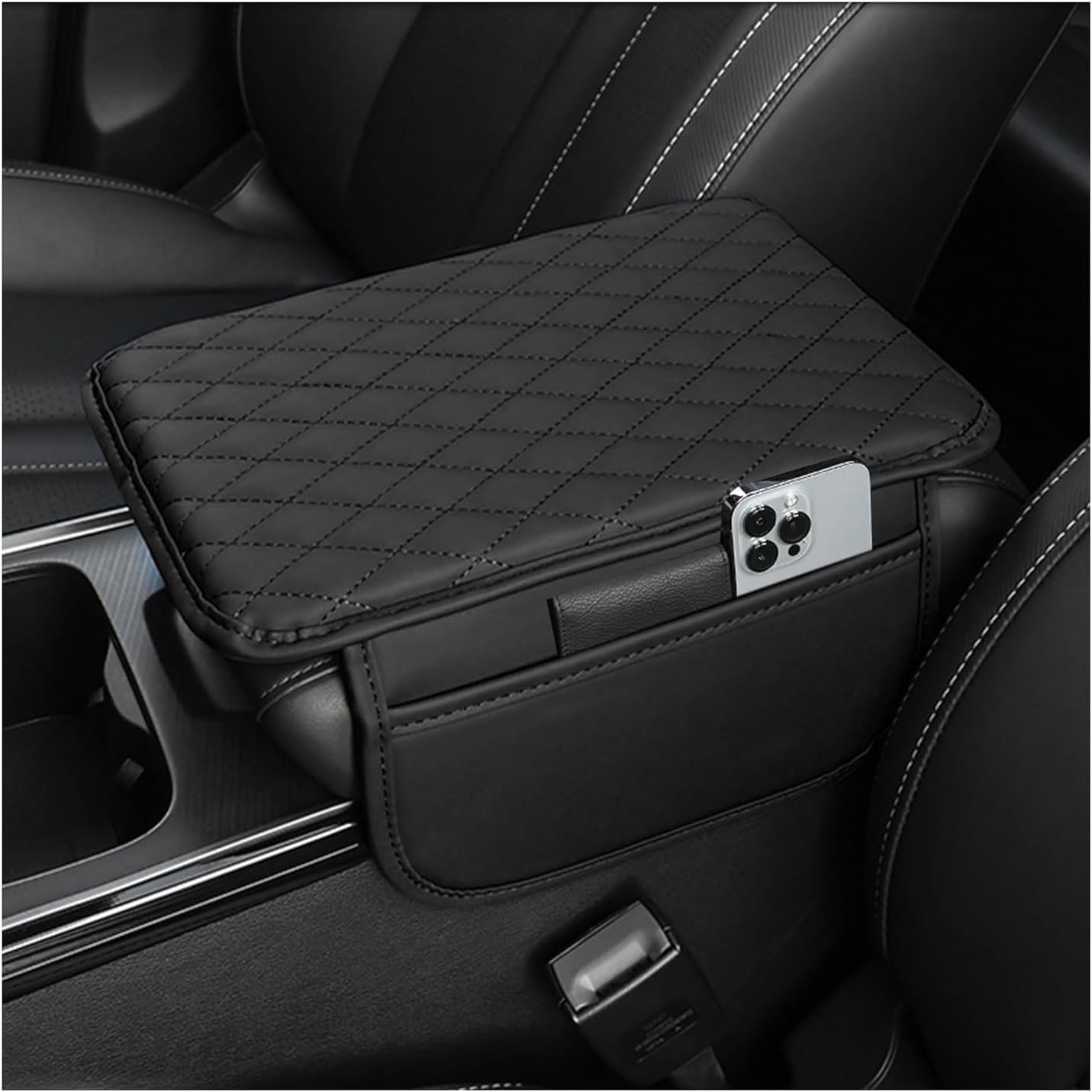 Car Armrest Cover Pad – PU Leather Center Console Cushion with Dual Phone Pockets | Universal Fit for SUV, Truck, Car | Ergonomic Arm Support & Seat Box Protector (Armrest-Cover-Black-1)