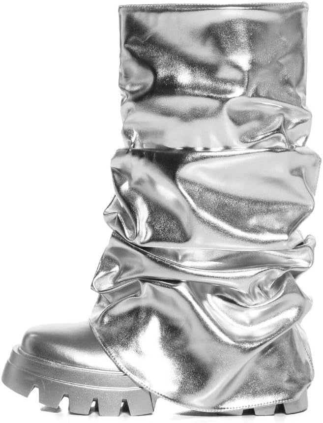 sexytag Women's Metallic Boots Slouchy Foldover Platform Round Toe Western... - Picture 36 of 61