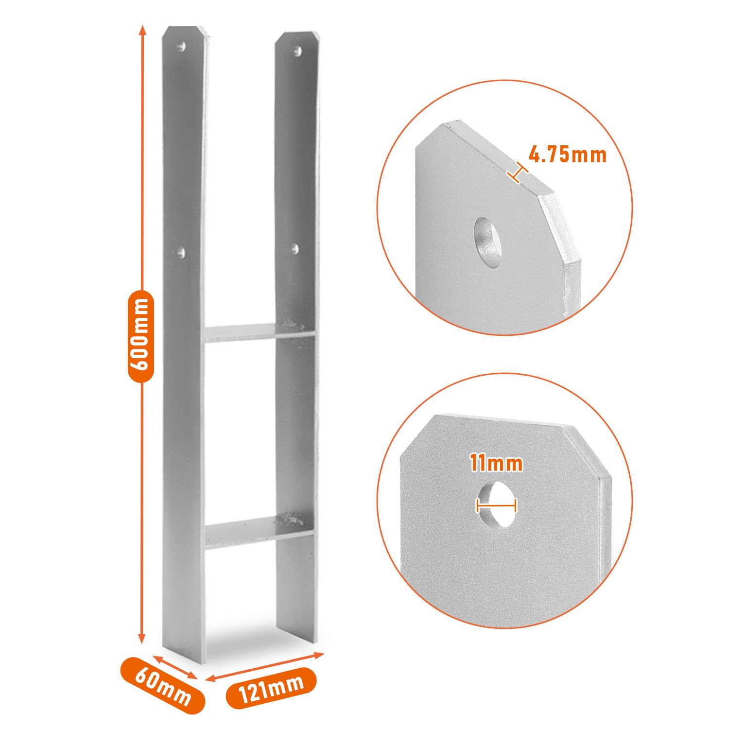 Juego de 12 anclajes para postes en H de 121 x 600 mm, soportes en H para postes de valla y madera, anclajes en H robustos para vallas de jardín, garajes, cenadores y proyectos de construcción