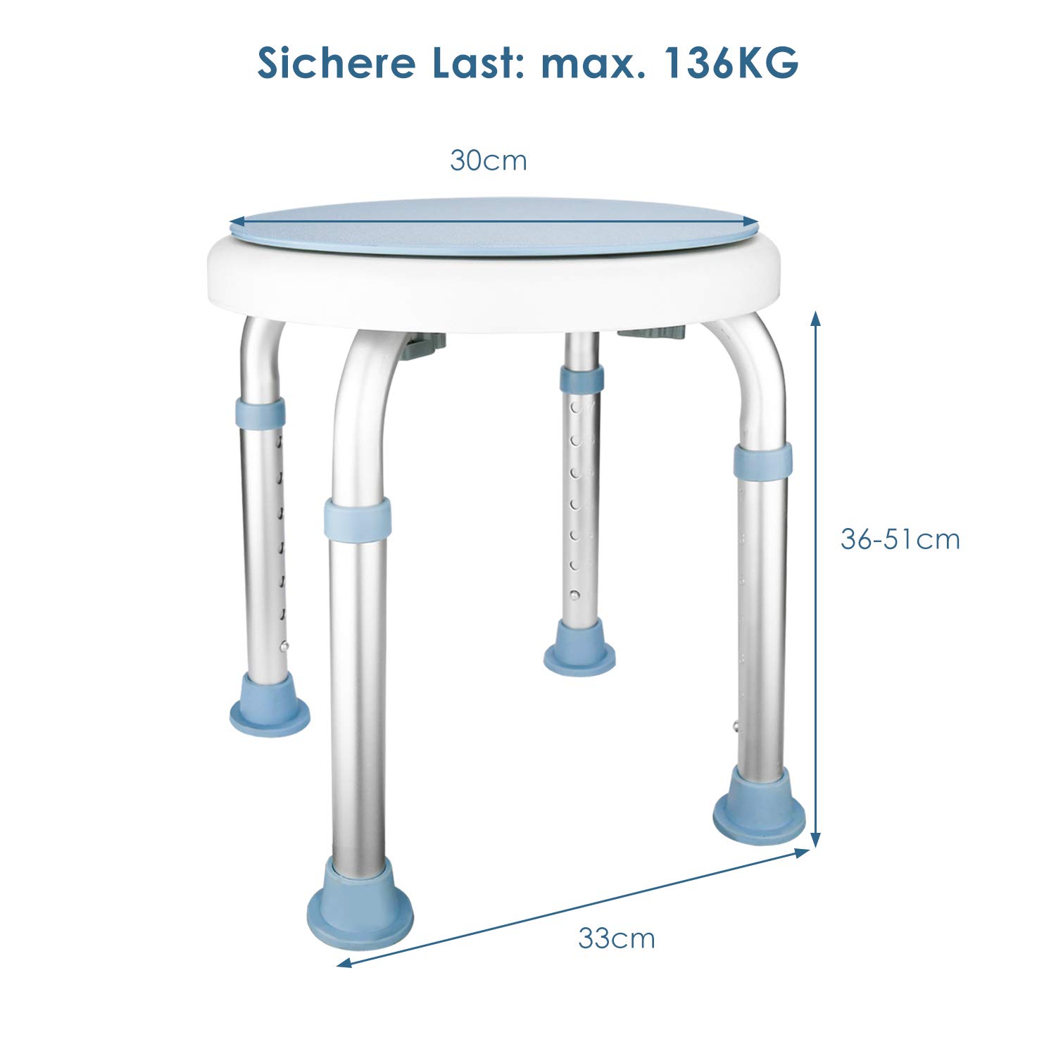 Taboret prysznicowy, krzesło prysznicowe, obracane o 360°, siedzisko łazienkowe, regulacja wysokości, pomoc pod prysznic, antypoślizgowa dla seniorów