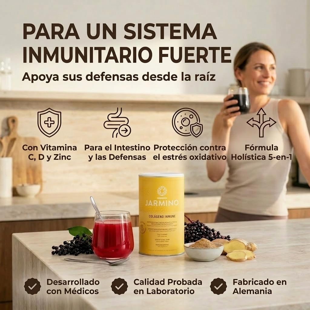 Hidrolizado de Colágeno con L-Glutamina - Fortalece el Sistema Inmunológico | Vitamina C, D, Selenio, Zinc, Jengibre, Saúco, Hongos Vitales | 450g Glutamina Inmune en Polvo | JARMINO