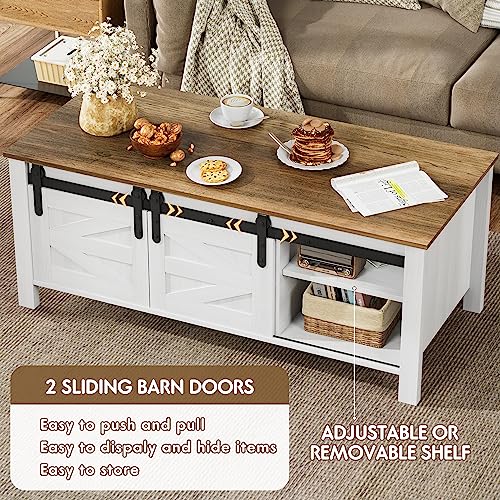 JUMMICO Farmhouse Coffee Table with Storage & Sliding Barn Doors, Modern Rustic Living Room Table with Adjustable Shelves, Wooden Rustic Center Table for Living Room (Antique White)