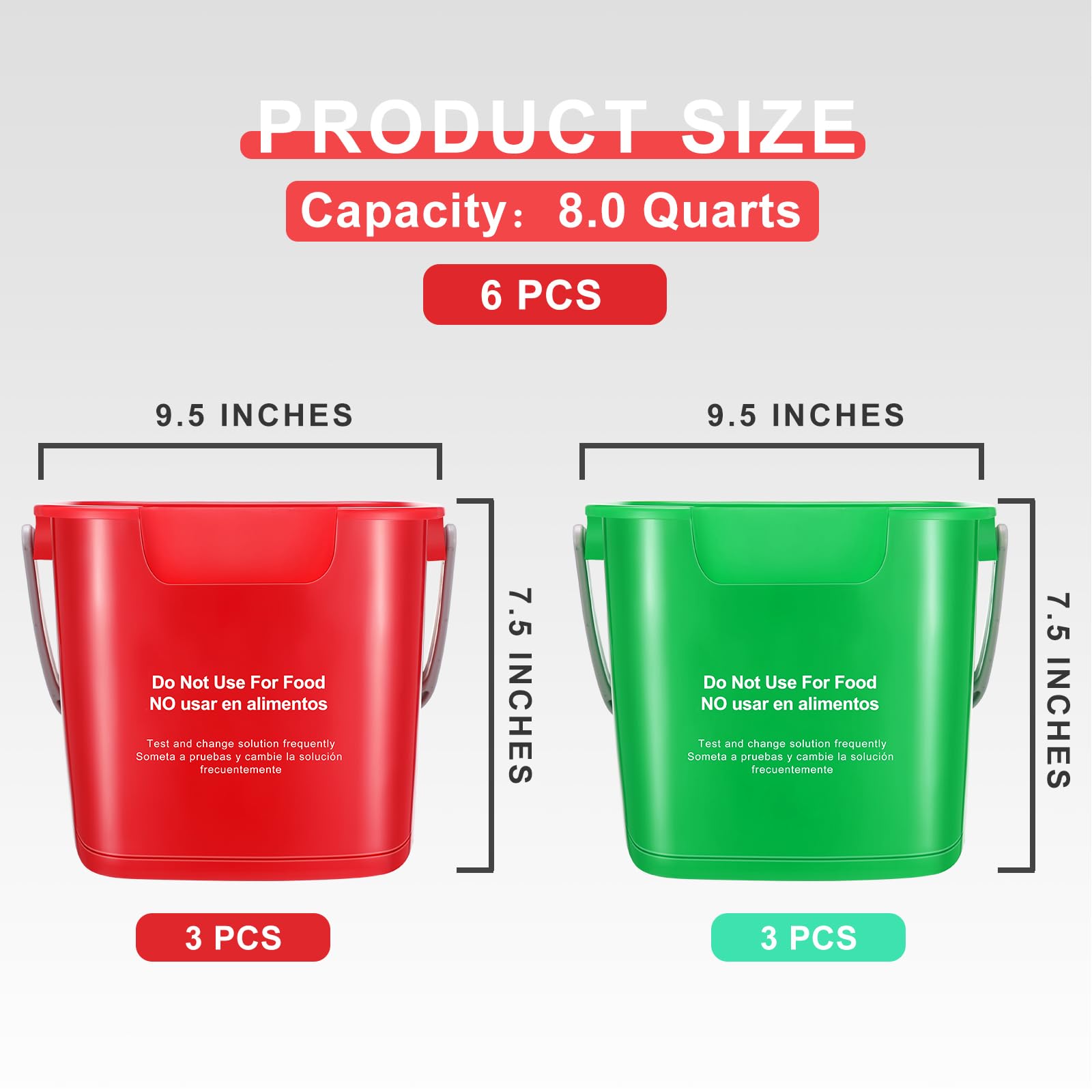 Uiifan 6 cubos de limpieza de 8 cuartos de galón, cubo cuadrado de desinfección pequeño para detergente para el hogar, comercial, restaurante, cocina, oficina, escuela (rojo y verde)