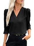Women's 3/4 Sleeve Tops Dressy Casual Pleated V Neck Business Work Blouses Office Shirts