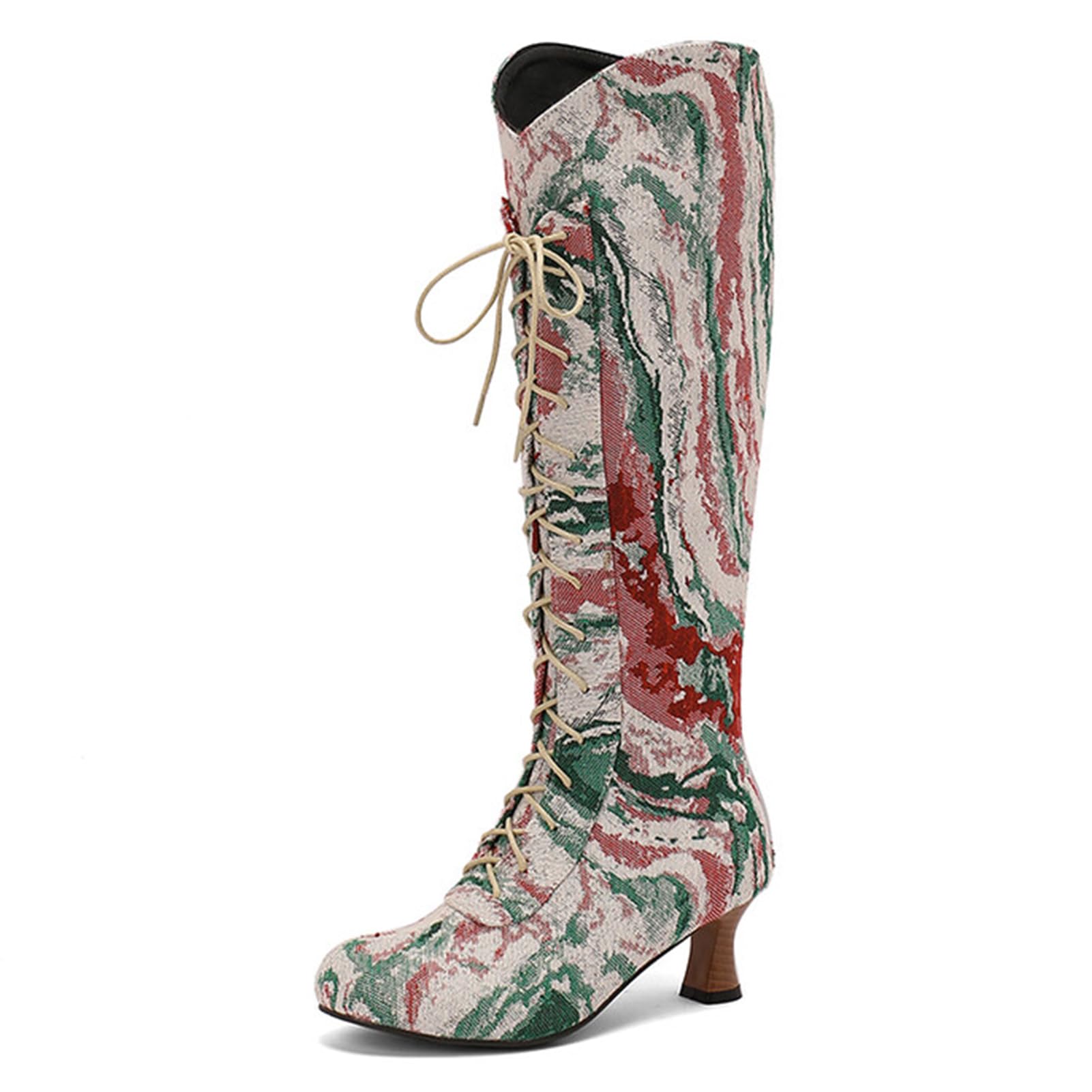 Alyaafifa Lace Up Knee High Boots for Women Wide Calf Kitten Low Heel 2 Inches Closed Round Toe