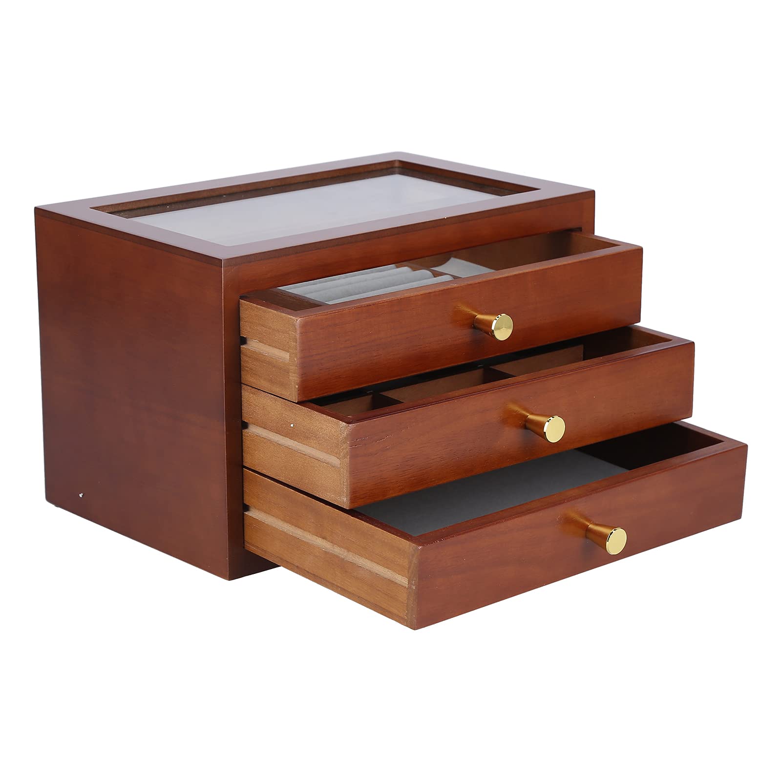 Pudełko na biżuterię Drewniane Pudełko na biżuterię ze szklaną pokrywką 3-warstwowy Organizer 30 X 20 X 19 Cm 3 Szuflady Pierścionki Bransoletki Naszyjniki Komodzie Vanity Store Display