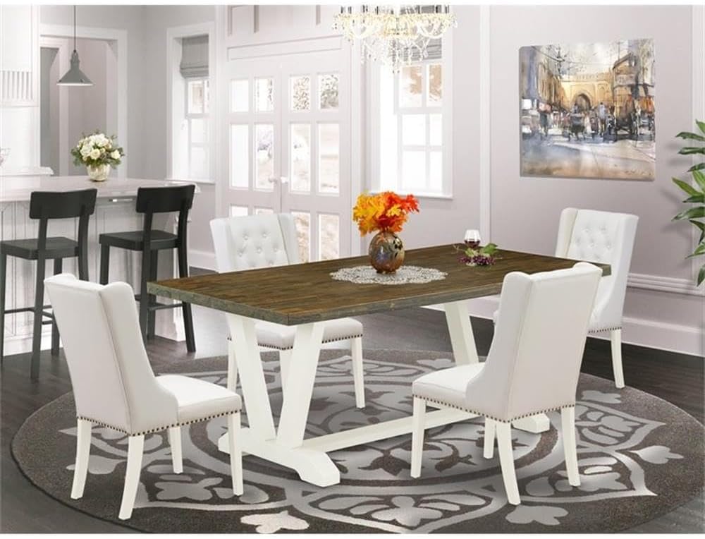 East West Furniture V077FO244-5 5 Piece Modern Dining Table Set Includes a Rectangle Wooden Table with V-Legs and 4 Light Grey Faux Leather Upholstered Chairs, 40x72 Inch, Multi-Color