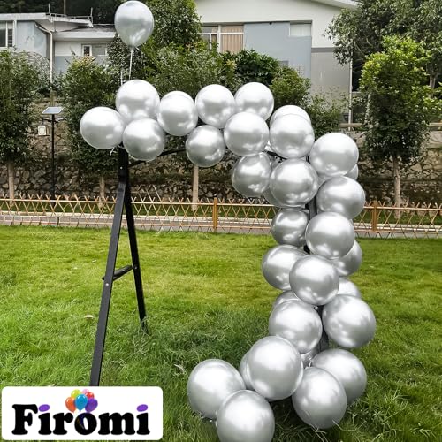 Image of Firomi Metallic Chrome Silver Balloons 12-inch 100 Pack (with 3 Ribbons) | Thicken Helium Shiny Silver Latex Balloon for Wedding Birthday Party New Year