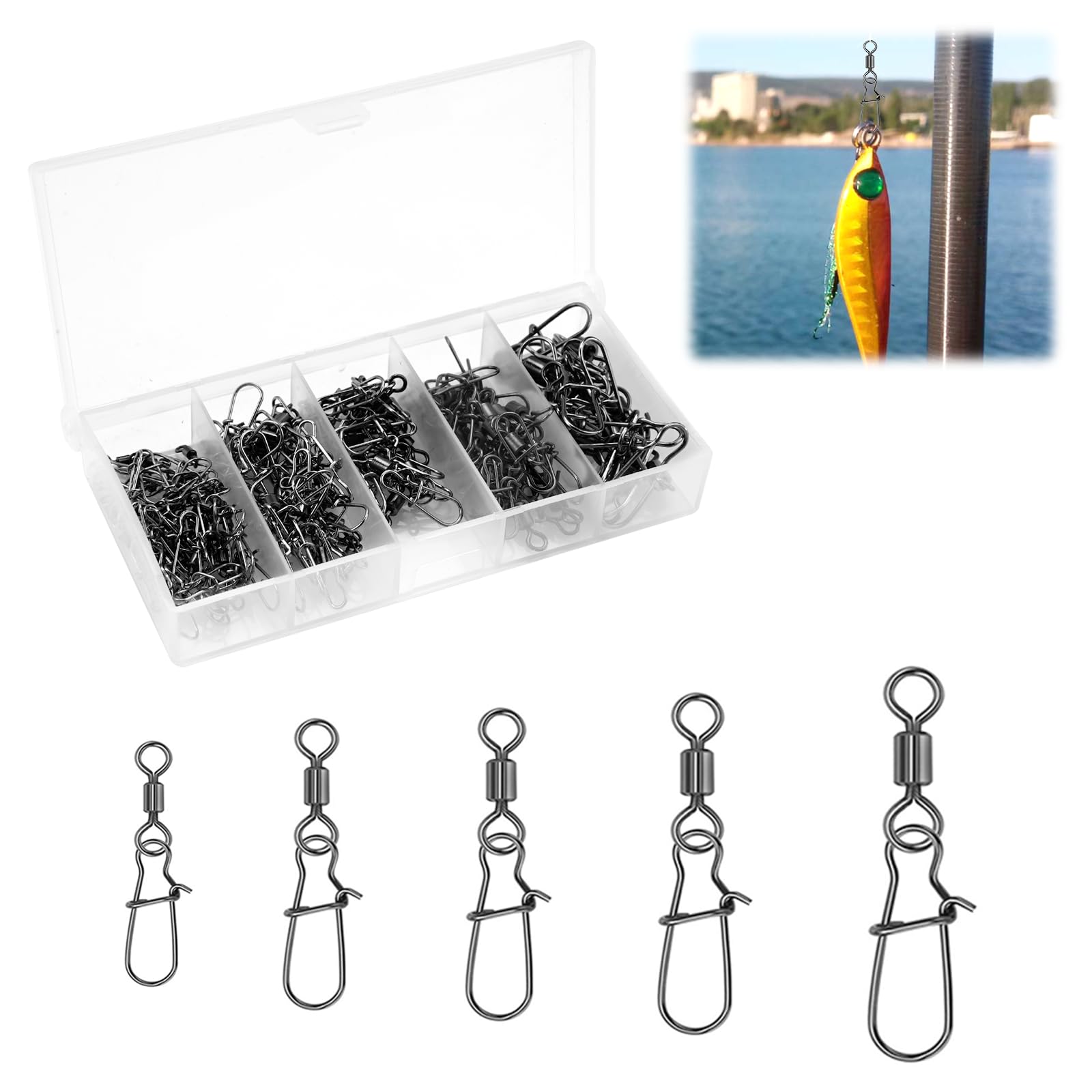 100 Pezzi Girelle da Pesca, Mulinelli da Pesca con Moschettone | Moschettoni Pesca in Acciaio Inox, Anelli Solidi con Moschettone, per Esche da Pesce, Pescas alla Trota (4# 6# 8# 10# 12#)