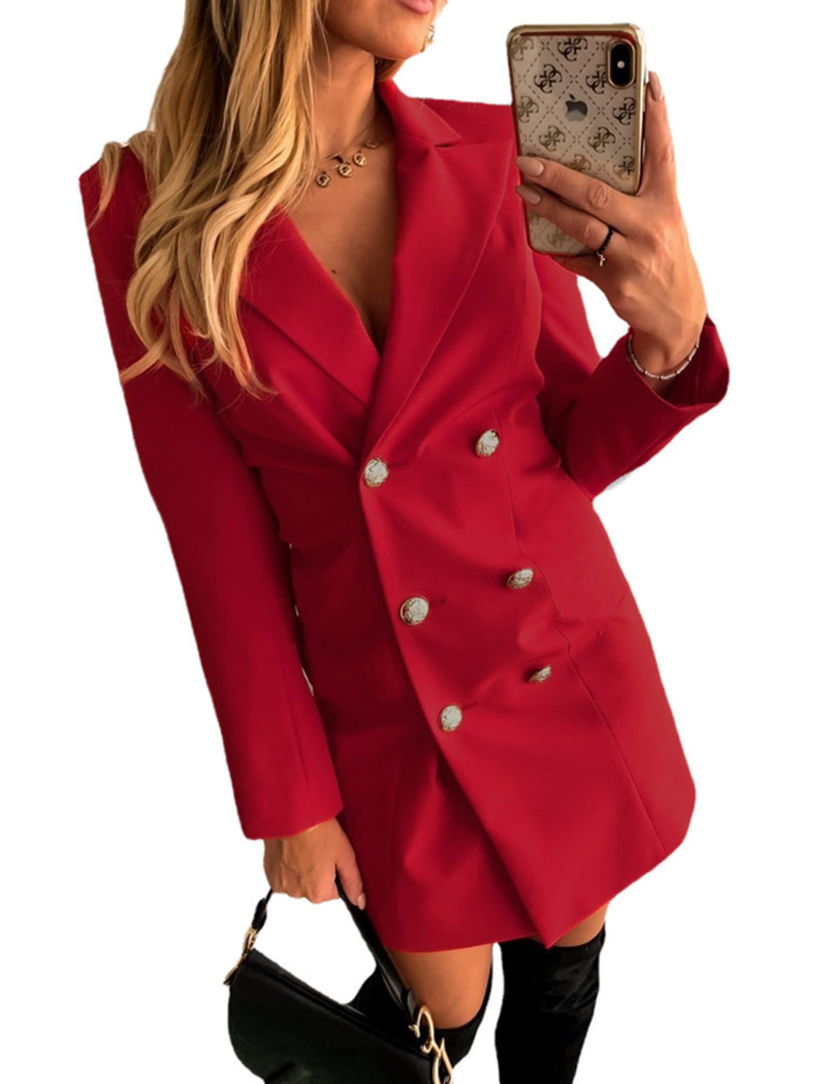 NLAVW Cappotto da Donna a Maniche Lunghe con Collo a Bavero Giacca Doppiopetto Cappotto Blazer Tinta Unita alla Moda per l'autunno Inverno,Rosso,XXL