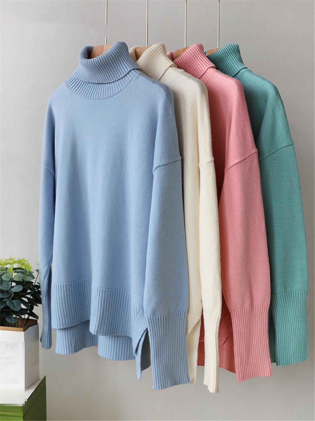 Jegsnoe Oversize-Pullover Für Damen, Herbst-Beige-Strickpullover Mit Seitlichem Schlitz, Weicher, Warmer Rollkragenpullover