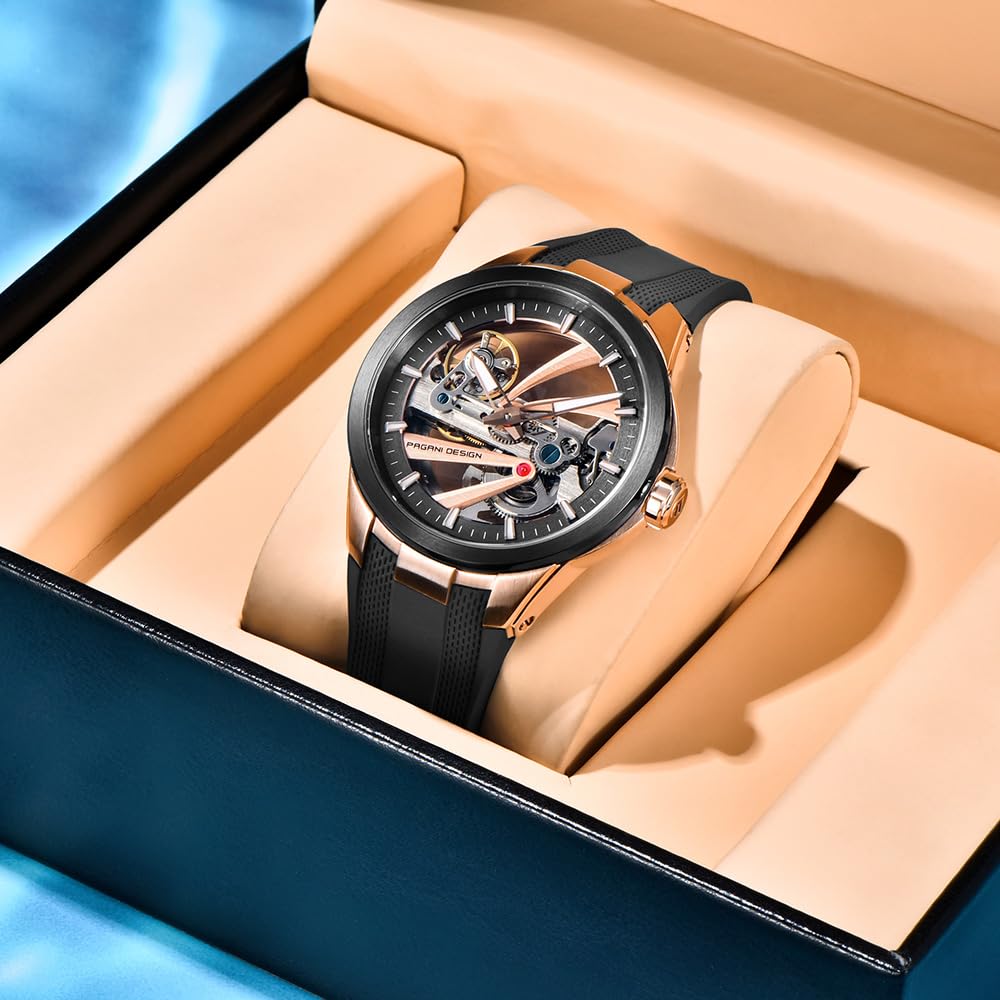 Pagani Design, orologio meccanico automatico da uomo, quadrante scheletrato, cassa in acciaio inossidabile, cinturino in fluorurubber, impermeabile fino a 100 m, orologio di lusso per uso quotidiano