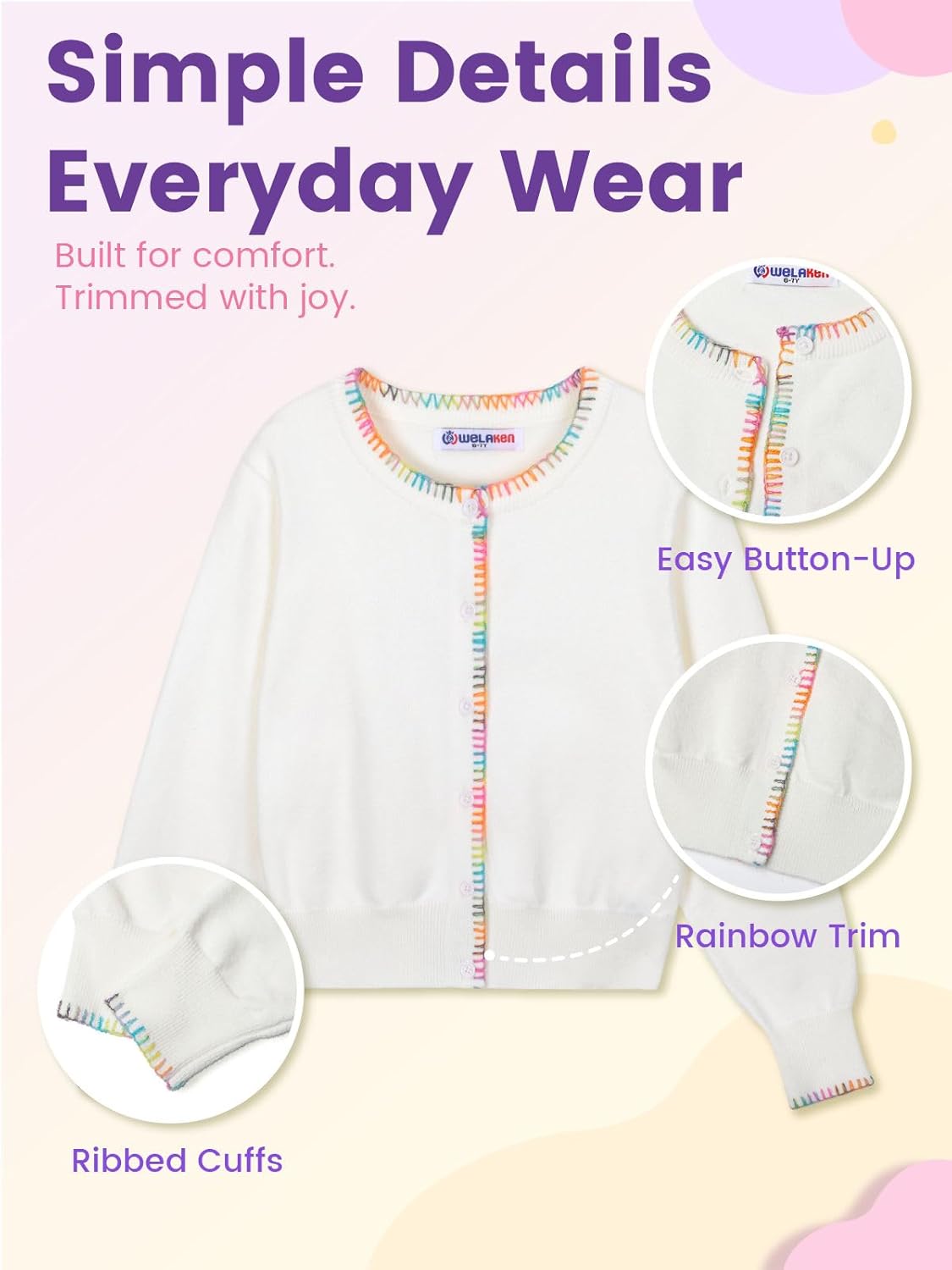 Girls Knit Cardigan – Soft Lightweight Sweater with Rainbow Trim for School or Layering - Image 5