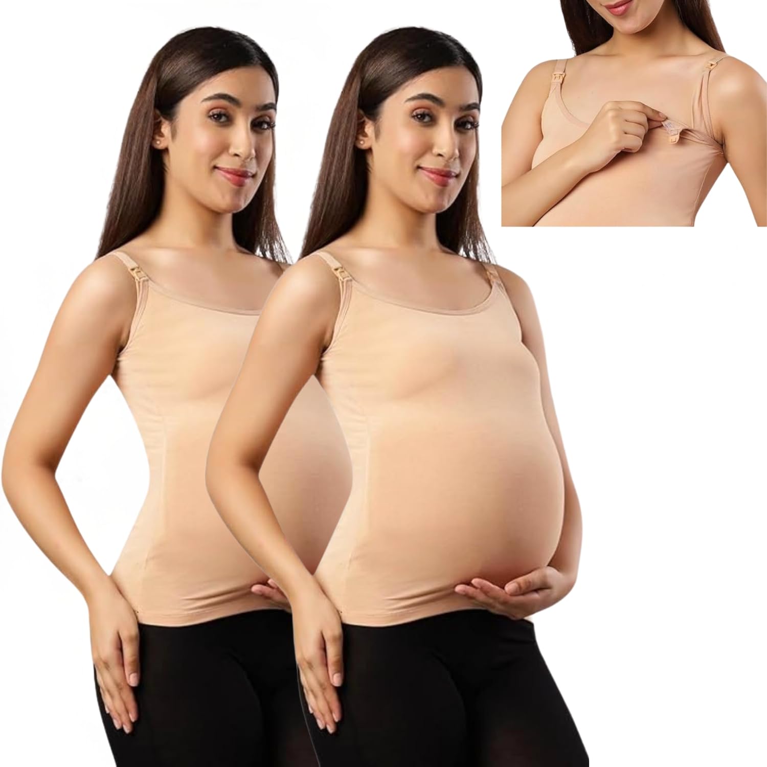 Breastfeeding Tank Top for Women | Maternity Nursing Cami with Clip Down Cups | Soft Stretch Pregnancy & Postpartum Nursing Wear - Pack of 2-image-20