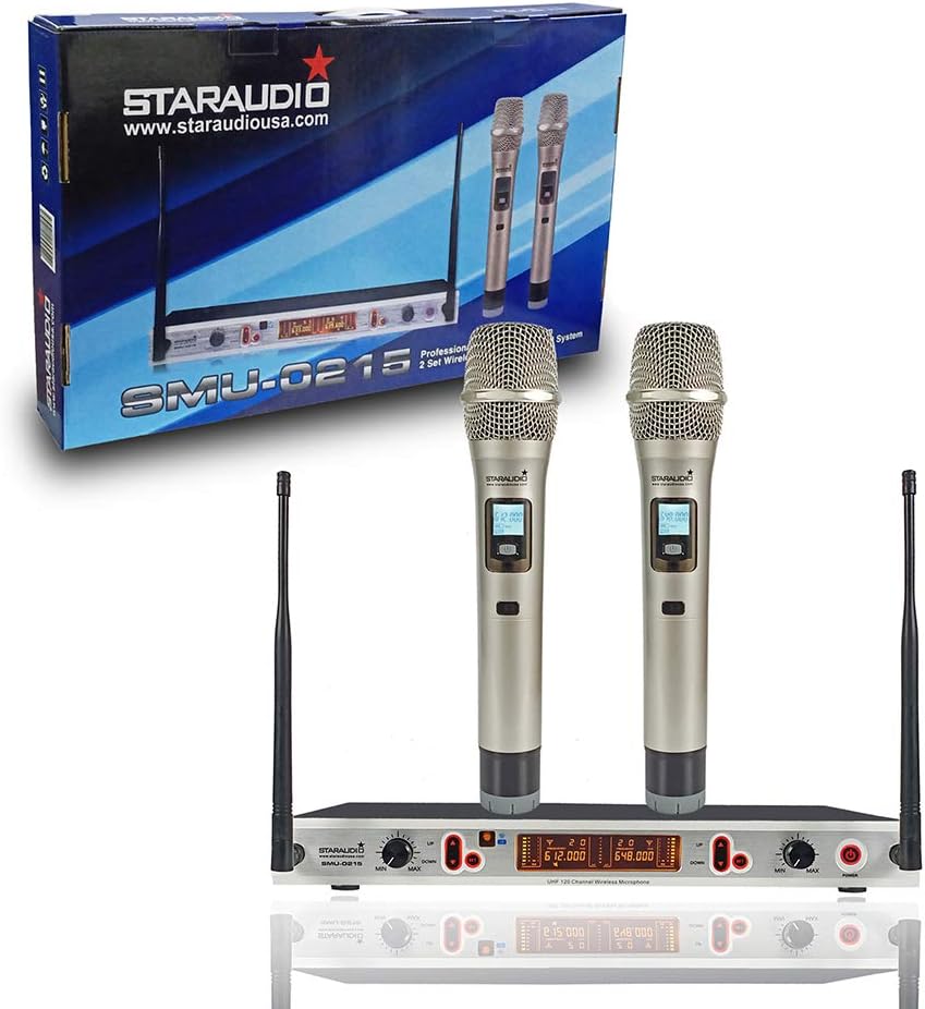 STARAUDIO Dual Wireless Microphone System UHF 2 Channel IR with 2CH Handheld Mics for Pro Stage PA DJ KTV,Church Stage, Karaoke Club Mic System SMU0215A