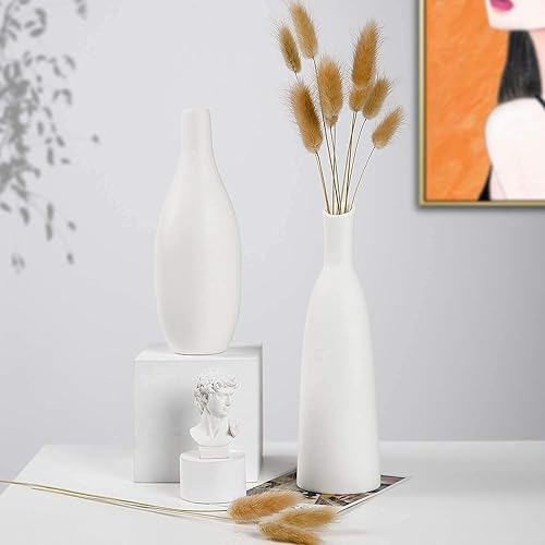 Miniatura 3 de Juego de 2 jarrones de cerámica, pequeños jarrones de flores, jarrones de superficie mate esmerilados blancos para decoración rústica del hogar
