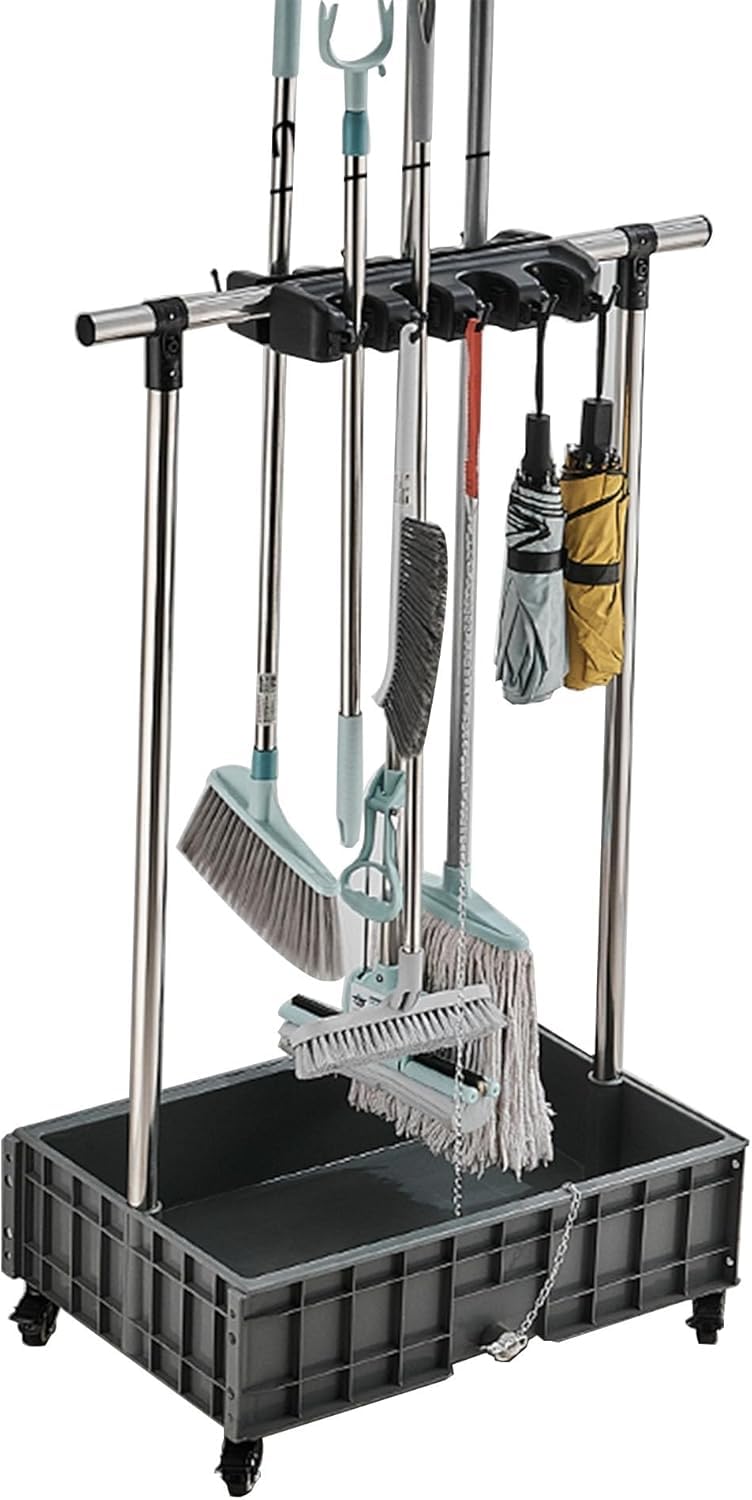 Uchwyt na mop i mop, przybory do czyszczenia, wiadro ogrodowe, wózek do czyszczenia na kółkach, wolnostojąca szafa do przechowywania, do użytku domowego, jeden kolor, 8 miejsc