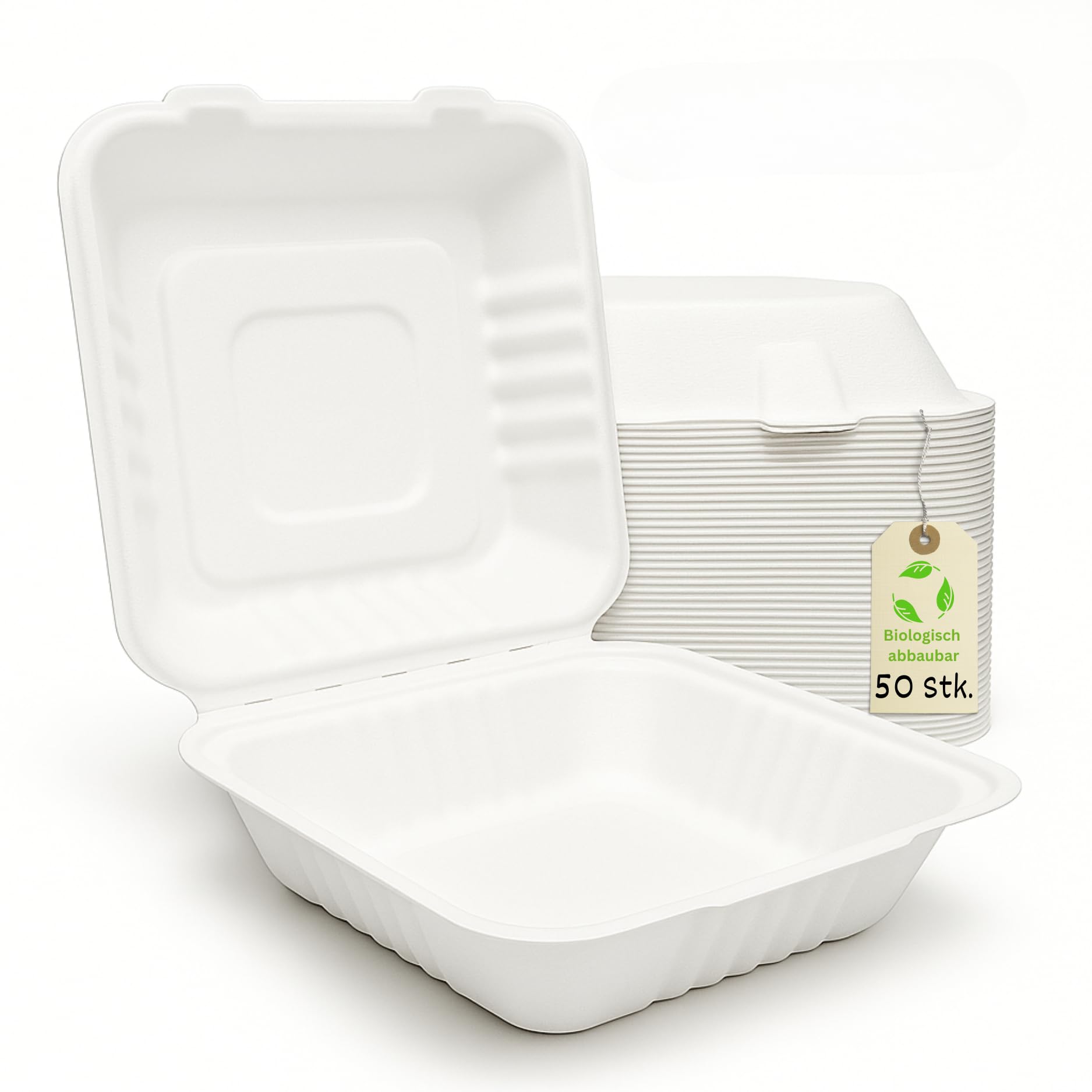 Bio (50 Stück) Bagasse Einweg Warmhalte- Hamburger Box Giant XXL, 200x215x80 mm, weiß Menüboxen un-geteilt, Snackboxen,umweltfreundiche biologischabbaubar Verpackungsboxen (1)