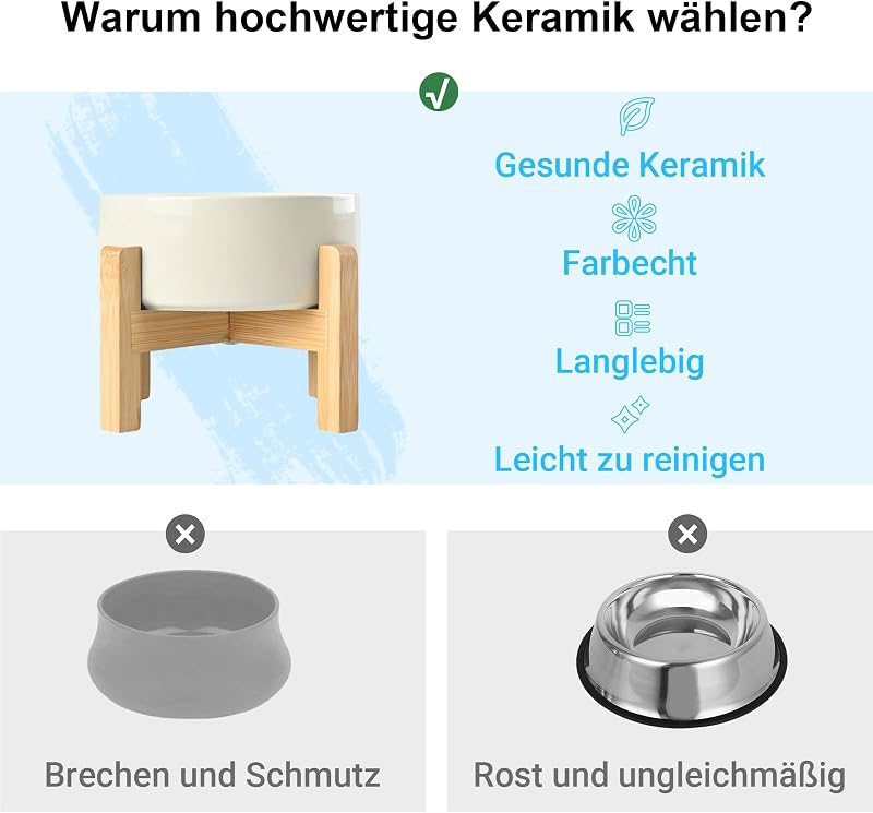 SPUNKYJUNKY Kerámia Emelt Etetőtál Szett Bambusz Állvánnyal - Macskáknak és Kutyáknak - 400 ml Űrtartalmú Tálak, Bézs Színben