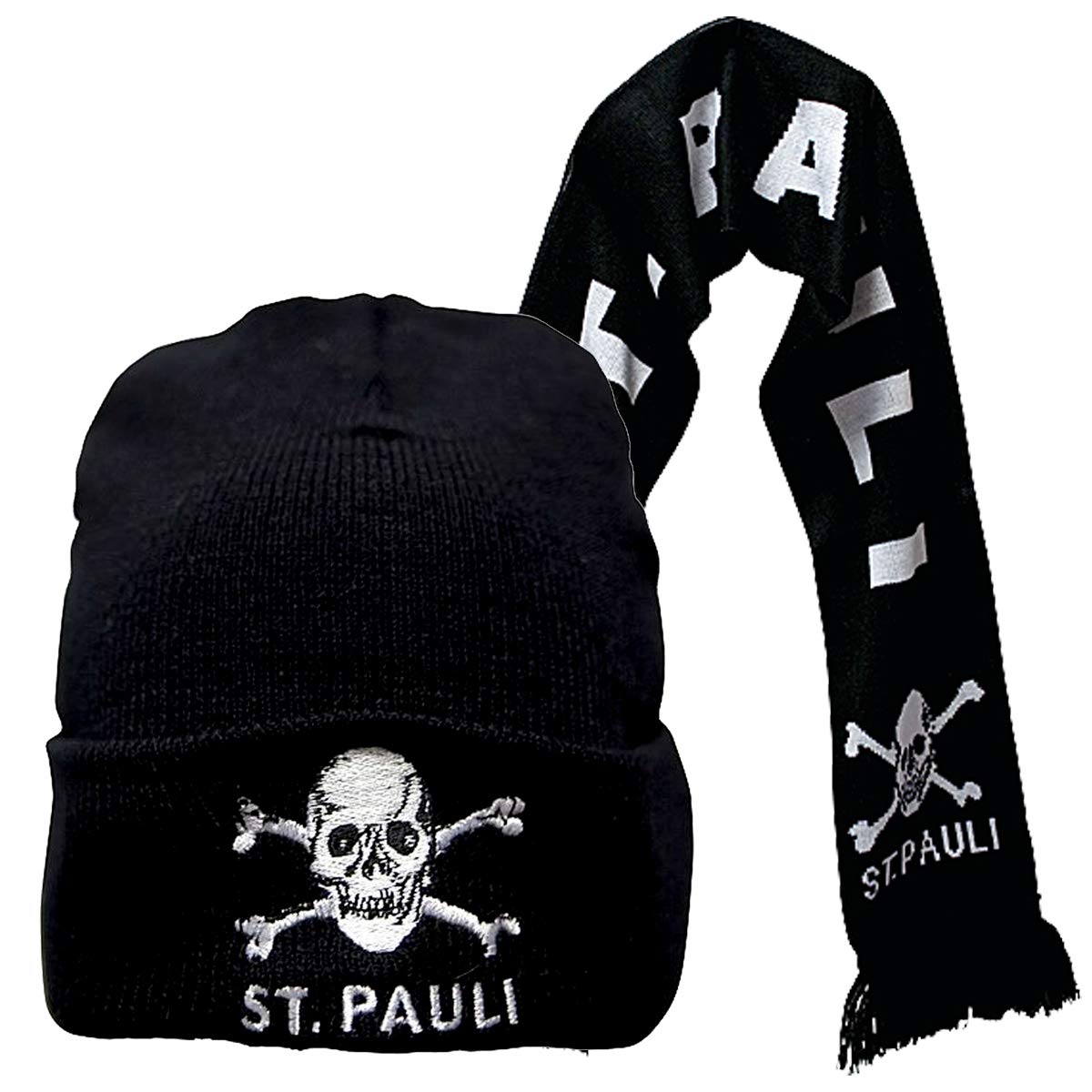 FC St. Pauli 2-teiliges Kombi-Set Mütze & Schal Totenkopf klassisches Motiv - schwarz weiß