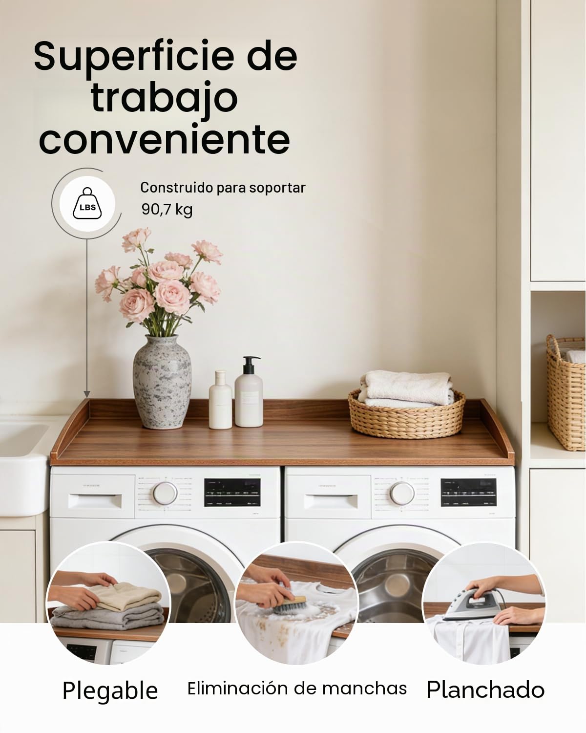 Mueble para lavadora y secadora, soporte de madera para lavadora, estante para lavadora con barra de seguridad, cubierta de madera para lavadora, organización de cubierta para lavadora