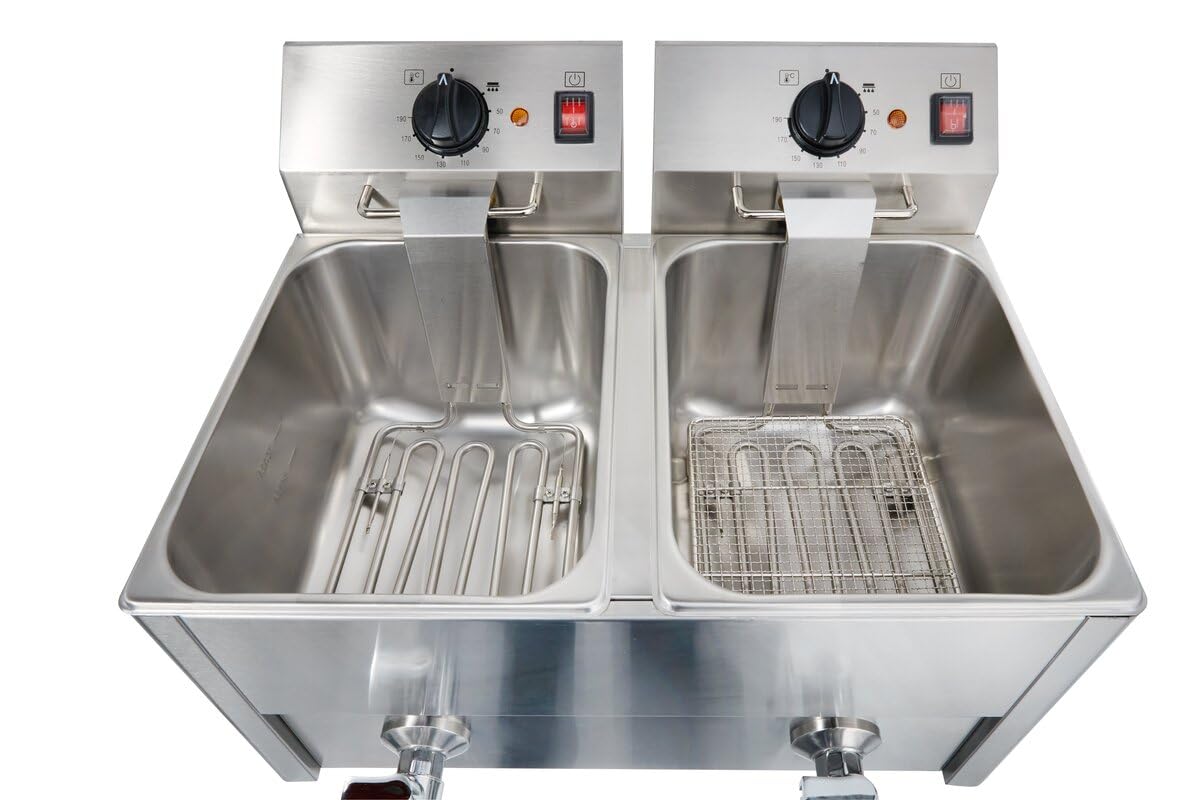 GastroHero Doppelfritteuse 2x10L I Große Edelstahl-Fritteuse mit Ablasshahn, Thermostaten und Überhitzungsschutz I Ideal für Gastronomie und Restaurants