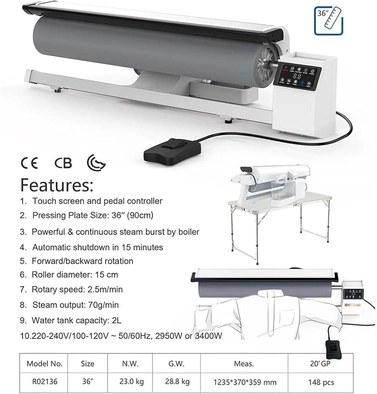 Professional 2950W Roller Ironing Machine,90Cm Commercial Steam Press for Hotel Linen,for Clothes, Garments, Curtains