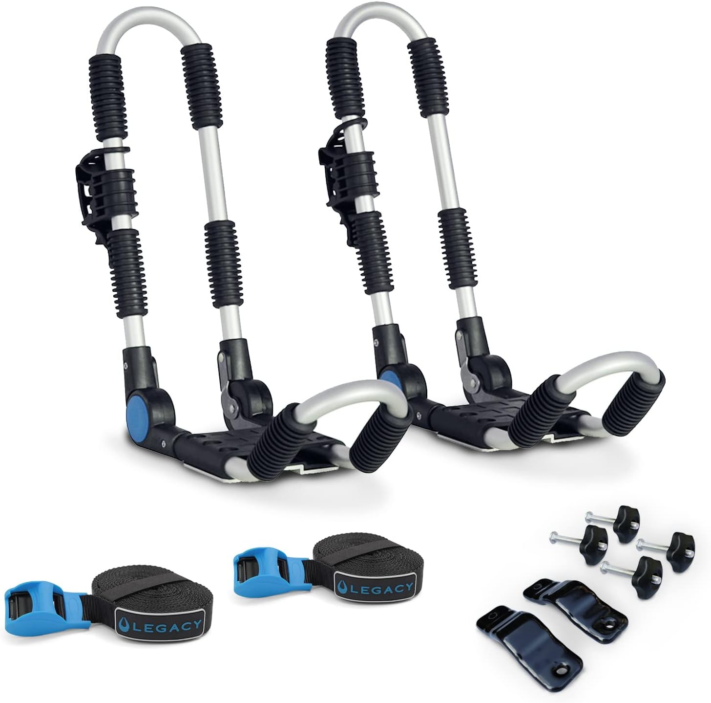 LEGACY WATERSPORTS Kayak Canoe Car Roof Rack Folding J Bars Cradle | All Fixtures & Tie Down Straps